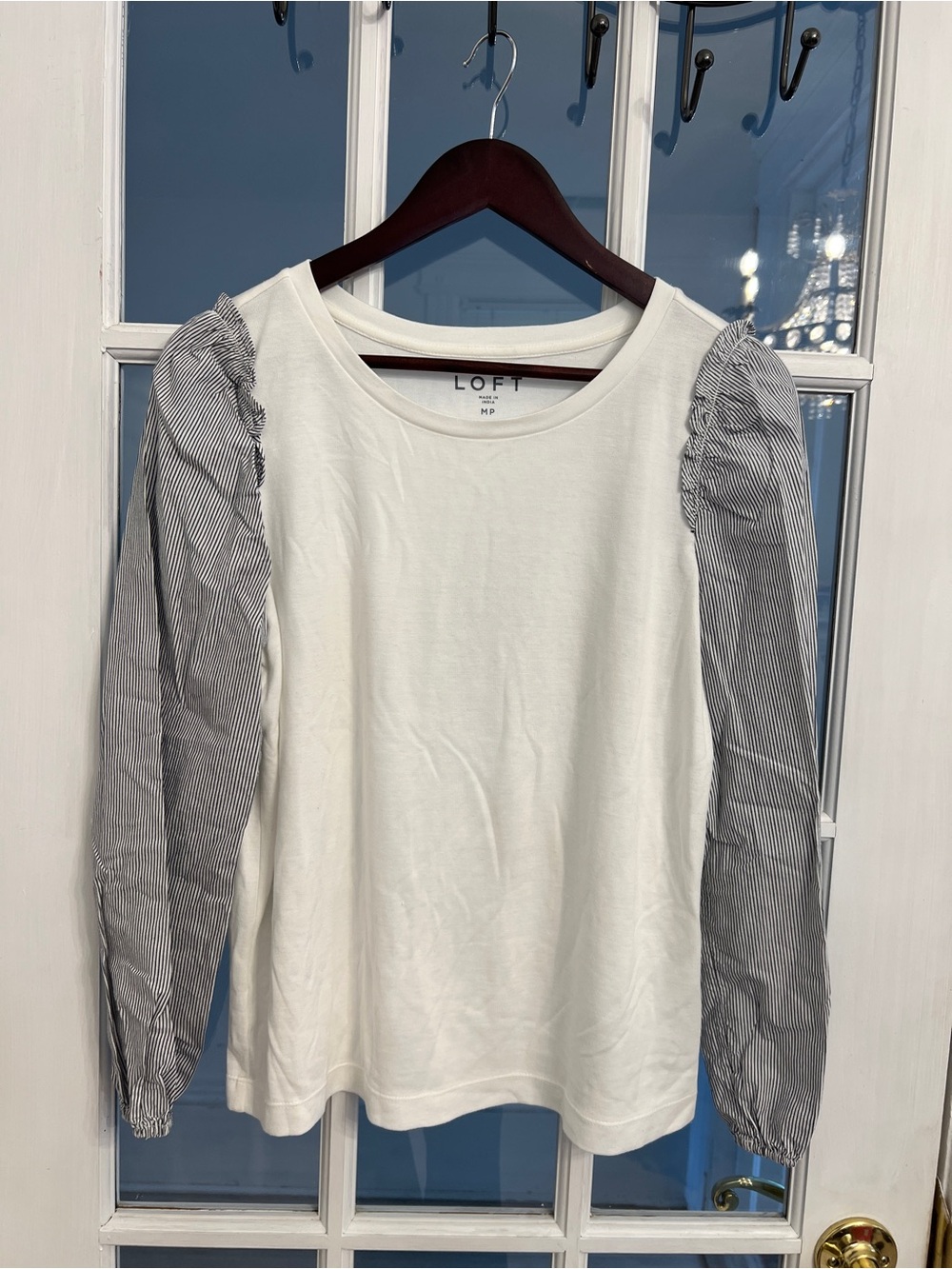 LOFT Women’s Petite White Striped Puff Sleeve Mixed Media Top MP